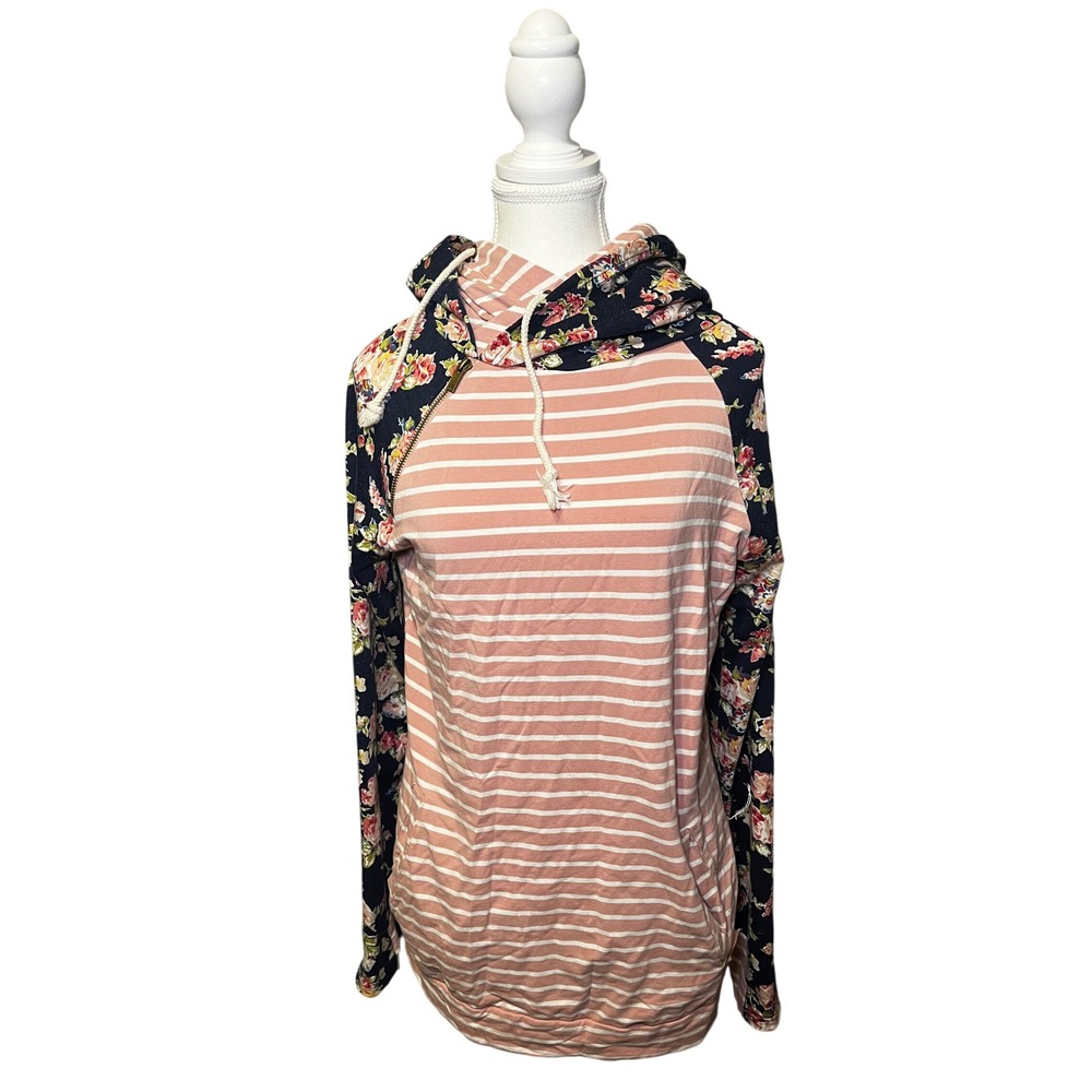 Double Hood Floral Stripe Asym Zip Hoodie Medium